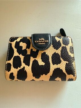 Coach Leopard Print Leather Wallet in Black and Tan